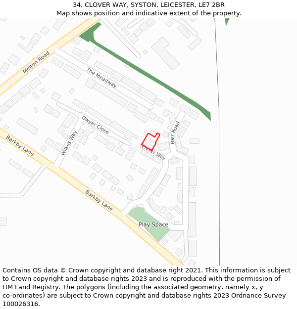 34, CLOVER WAY, SYSTON, LEICESTER, LE7 2BR: Location map and indicative extent of plot