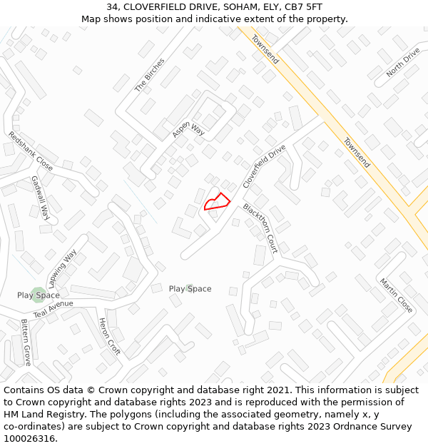 34, CLOVERFIELD DRIVE, SOHAM, ELY, CB7 5FT: Location map and indicative extent of plot