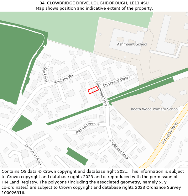34, CLOWBRIDGE DRIVE, LOUGHBOROUGH, LE11 4SU: Location map and indicative extent of plot