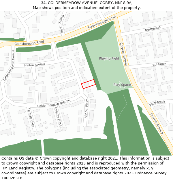 34, COLDERMEADOW AVENUE, CORBY, NN18 9AJ: Location map and indicative extent of plot