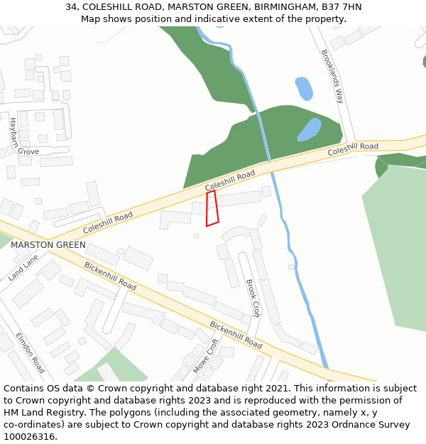 34, COLESHILL ROAD, MARSTON GREEN, BIRMINGHAM, B37 7HN: Location map and indicative extent of plot