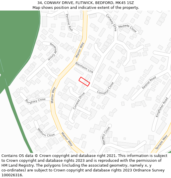 34, CONWAY DRIVE, FLITWICK, BEDFORD, MK45 1SZ: Location map and indicative extent of plot