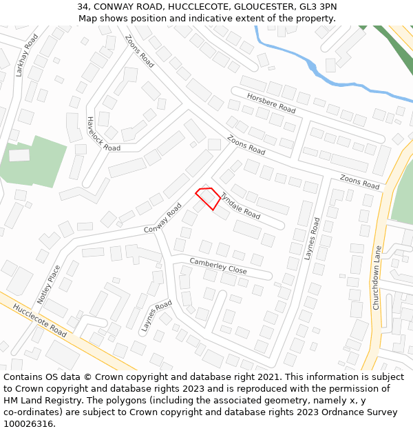 34, CONWAY ROAD, HUCCLECOTE, GLOUCESTER, GL3 3PN: Location map and indicative extent of plot