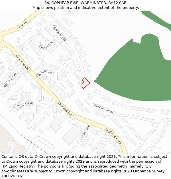 34, COPHEAP RISE, WARMINSTER, BA12 0AR: Location map and indicative extent of plot