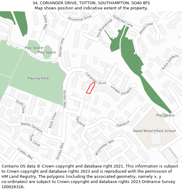 34, CORIANDER DRIVE, TOTTON, SOUTHAMPTON, SO40 8FS: Location map and indicative extent of plot