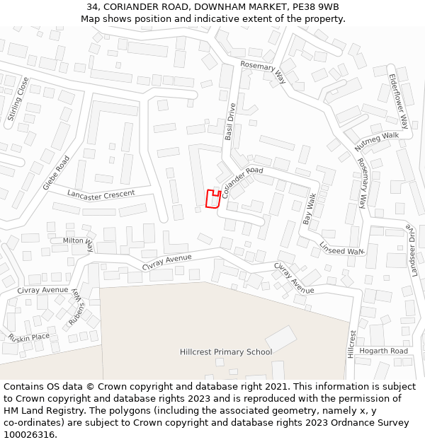 34, CORIANDER ROAD, DOWNHAM MARKET, PE38 9WB: Location map and indicative extent of plot