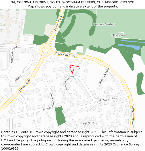 34, CORNWALLIS DRIVE, SOUTH WOODHAM FERRERS, CHELMSFORD, CM3 5YE: Location map and indicative extent of plot
