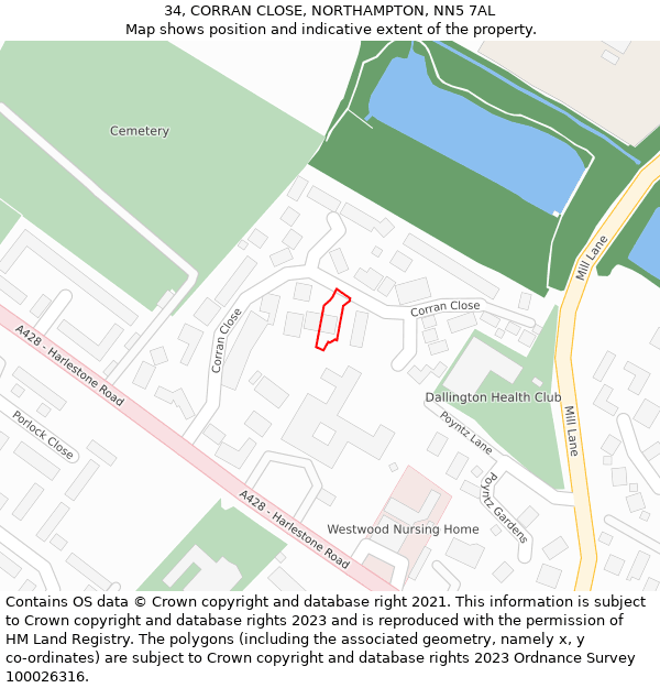34, CORRAN CLOSE, NORTHAMPTON, NN5 7AL: Location map and indicative extent of plot
