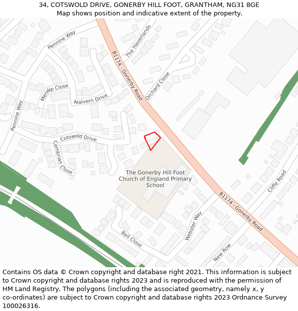 34, COTSWOLD DRIVE, GONERBY HILL FOOT, GRANTHAM, NG31 8GE: Location map and indicative extent of plot