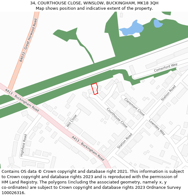 34, COURTHOUSE CLOSE, WINSLOW, BUCKINGHAM, MK18 3QH: Location map and indicative extent of plot