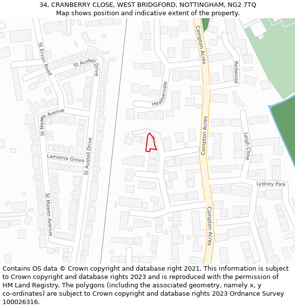 34, CRANBERRY CLOSE, WEST BRIDGFORD, NOTTINGHAM, NG2 7TQ: Location map and indicative extent of plot