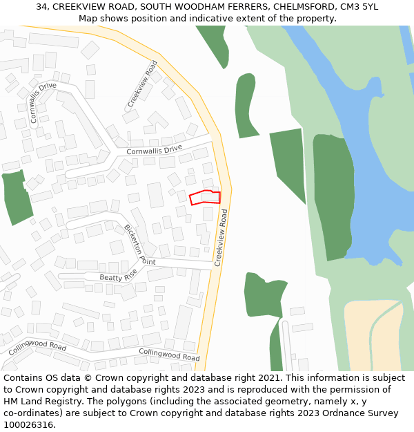 34, CREEKVIEW ROAD, SOUTH WOODHAM FERRERS, CHELMSFORD, CM3 5YL: Location map and indicative extent of plot