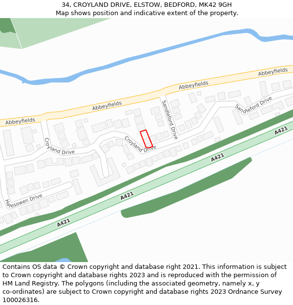 34, CROYLAND DRIVE, ELSTOW, BEDFORD, MK42 9GH: Location map and indicative extent of plot