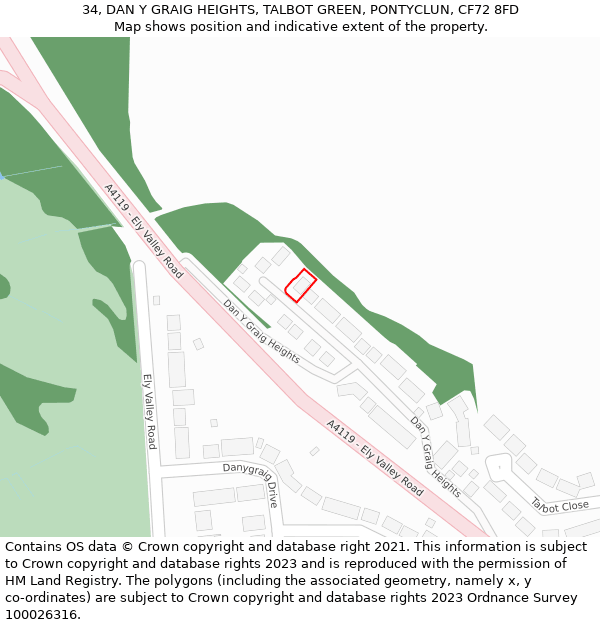 34, DAN Y GRAIG HEIGHTS, TALBOT GREEN, PONTYCLUN, CF72 8FD: Location map and indicative extent of plot