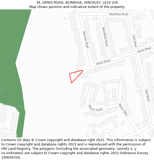 34, DENIS ROAD, BURBAGE, HINCKLEY, LE10 2LR: Location map and indicative extent of plot