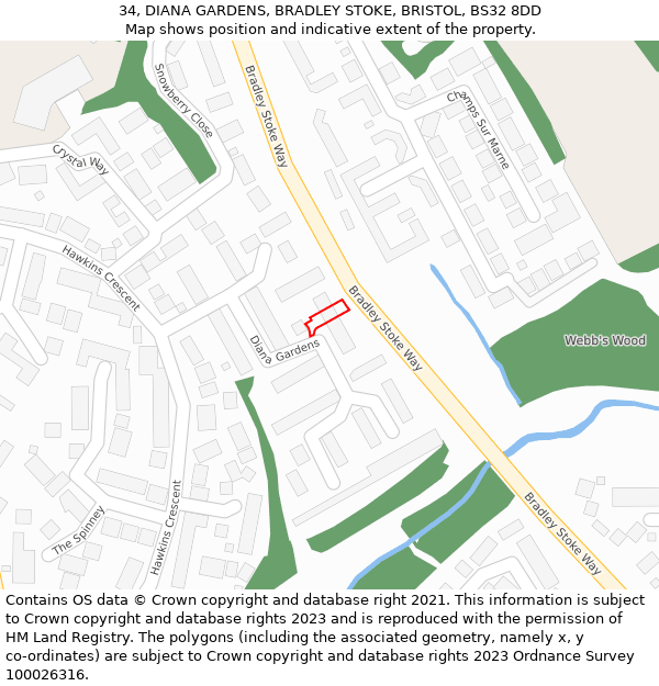 34, DIANA GARDENS, BRADLEY STOKE, BRISTOL, BS32 8DD: Location map and indicative extent of plot