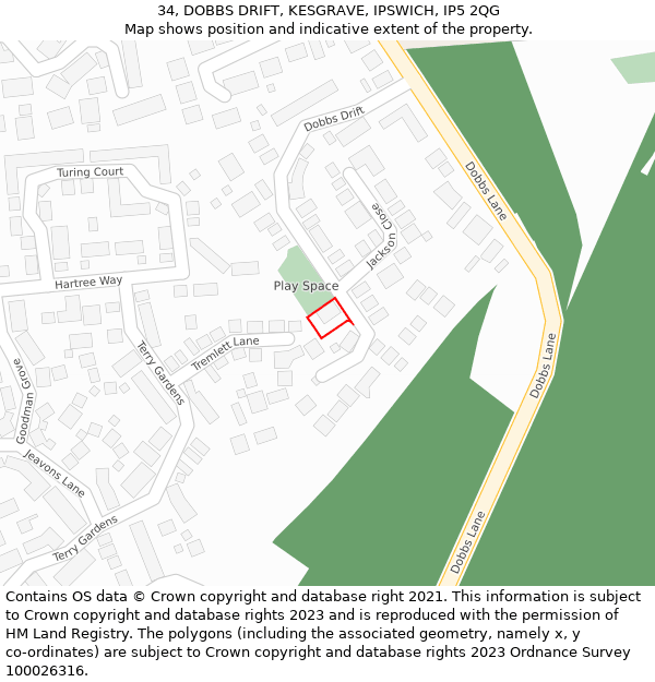 34, DOBBS DRIFT, KESGRAVE, IPSWICH, IP5 2QG: Location map and indicative extent of plot