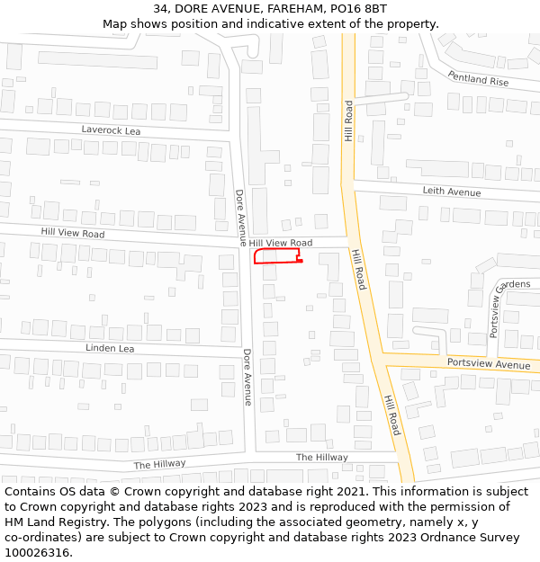 34, DORE AVENUE, FAREHAM, PO16 8BT: Location map and indicative extent of plot