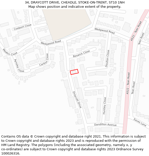 34, DRAYCOTT DRIVE, CHEADLE, STOKE-ON-TRENT, ST10 1NH: Location map and indicative extent of plot