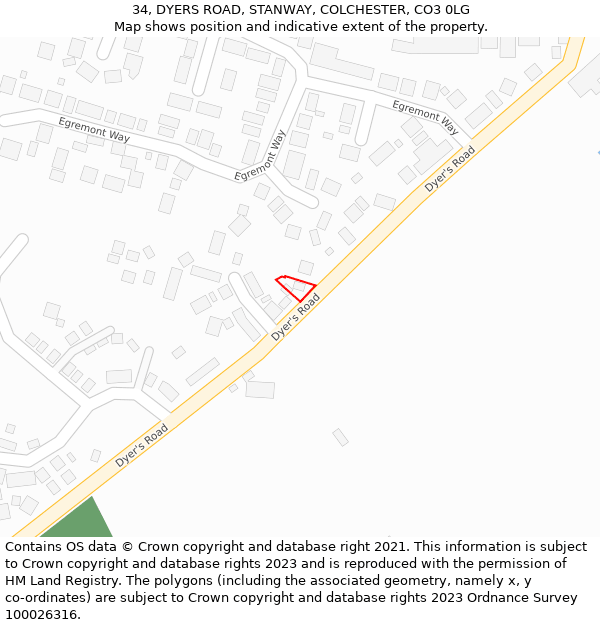 34, DYERS ROAD, STANWAY, COLCHESTER, CO3 0LG: Location map and indicative extent of plot