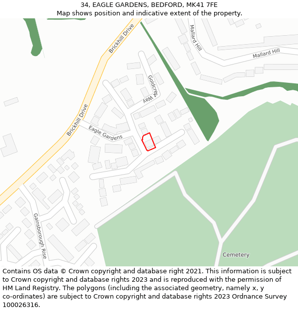 34, EAGLE GARDENS, BEDFORD, MK41 7FE: Location map and indicative extent of plot