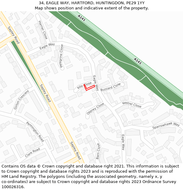 34, EAGLE WAY, HARTFORD, HUNTINGDON, PE29 1YY: Location map and indicative extent of plot