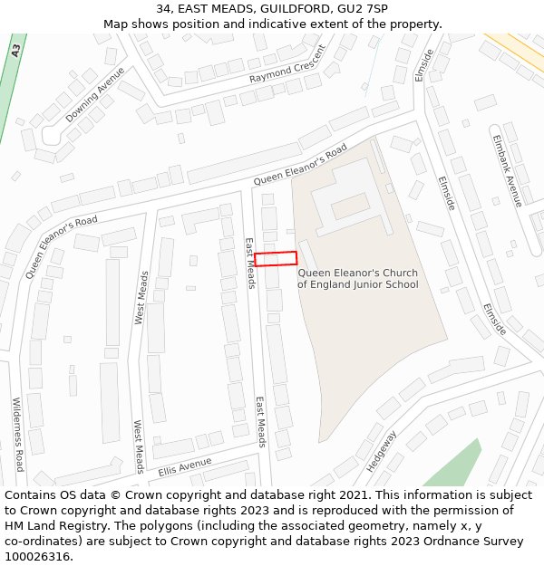 34, EAST MEADS, GUILDFORD, GU2 7SP: Location map and indicative extent of plot