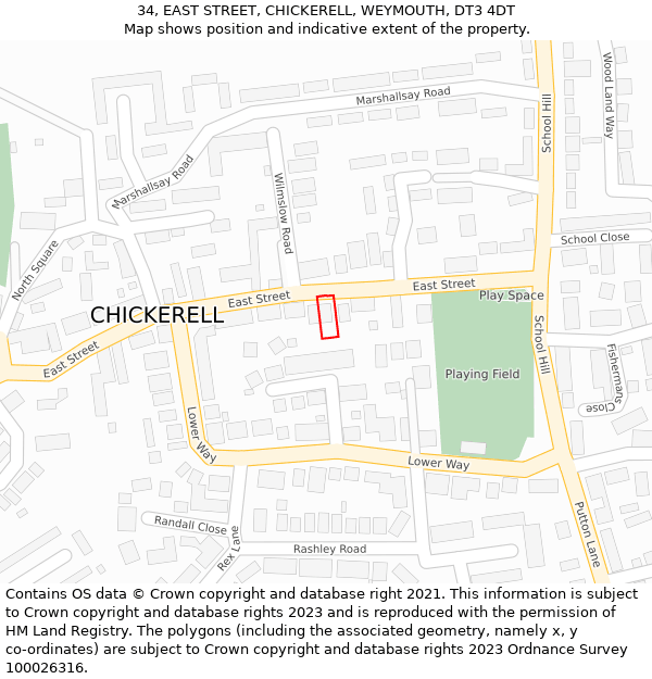 34, EAST STREET, CHICKERELL, WEYMOUTH, DT3 4DT: Location map and indicative extent of plot