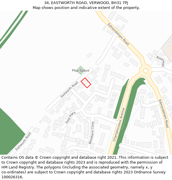 34, EASTWORTH ROAD, VERWOOD, BH31 7PJ: Location map and indicative extent of plot