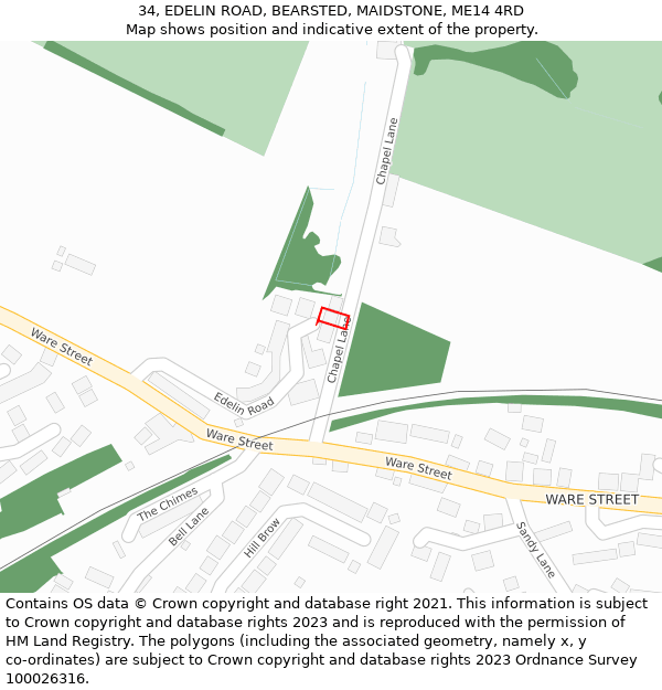 34, EDELIN ROAD, BEARSTED, MAIDSTONE, ME14 4RD: Location map and indicative extent of plot