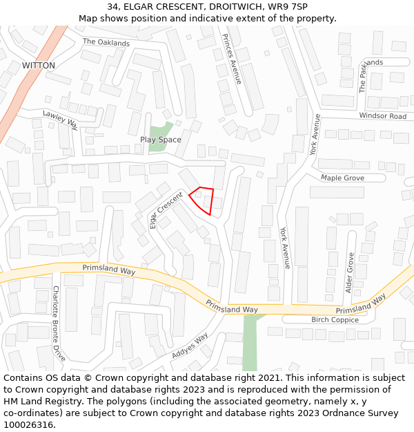 34, ELGAR CRESCENT, DROITWICH, WR9 7SP: Location map and indicative extent of plot