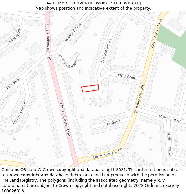 34, ELIZABETH AVENUE, WORCESTER, WR3 7HJ: Location map and indicative extent of plot