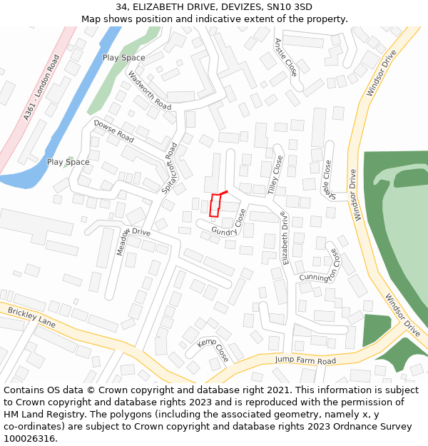 34, ELIZABETH DRIVE, DEVIZES, SN10 3SD: Location map and indicative extent of plot
