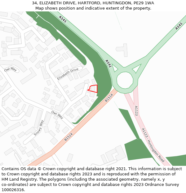 34, ELIZABETH DRIVE, HARTFORD, HUNTINGDON, PE29 1WA: Location map and indicative extent of plot