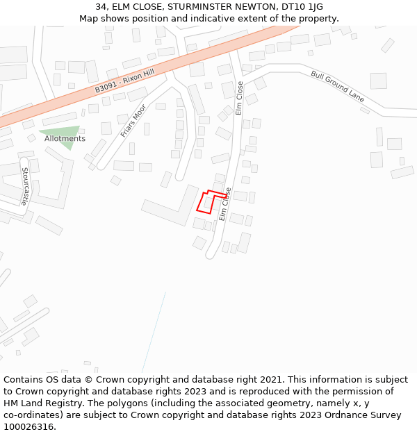 34, ELM CLOSE, STURMINSTER NEWTON, DT10 1JG: Location map and indicative extent of plot