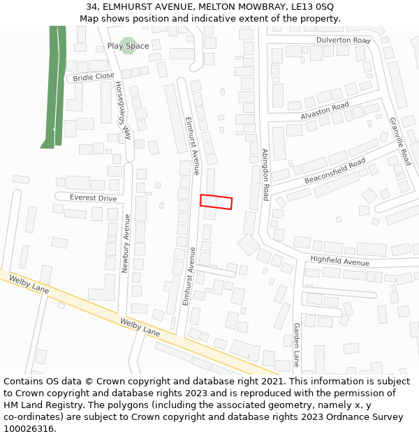 34, ELMHURST AVENUE, MELTON MOWBRAY, LE13 0SQ: Location map and indicative extent of plot