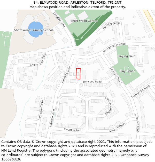 34, ELMWOOD ROAD, ARLESTON, TELFORD, TF1 2NT: Location map and indicative extent of plot