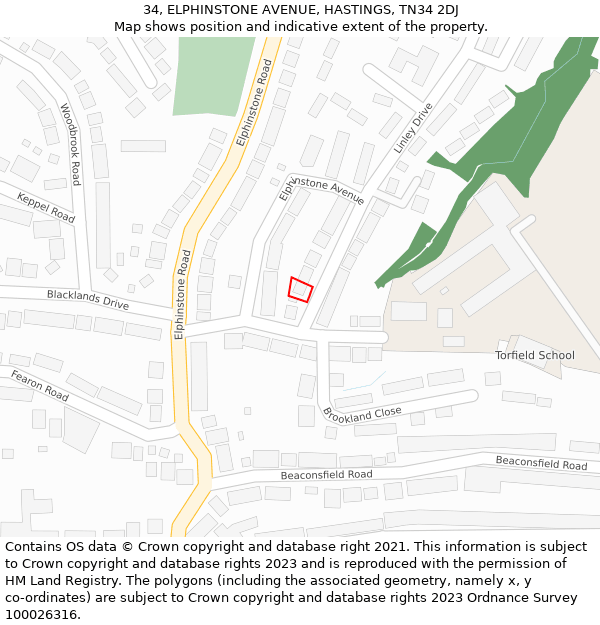 34, ELPHINSTONE AVENUE, HASTINGS, TN34 2DJ: Location map and indicative extent of plot