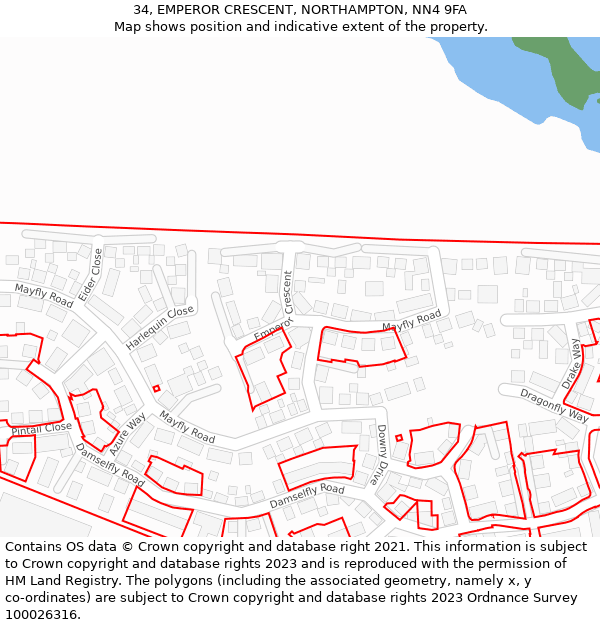 34, EMPEROR CRESCENT, NORTHAMPTON, NN4 9FA: Location map and indicative extent of plot