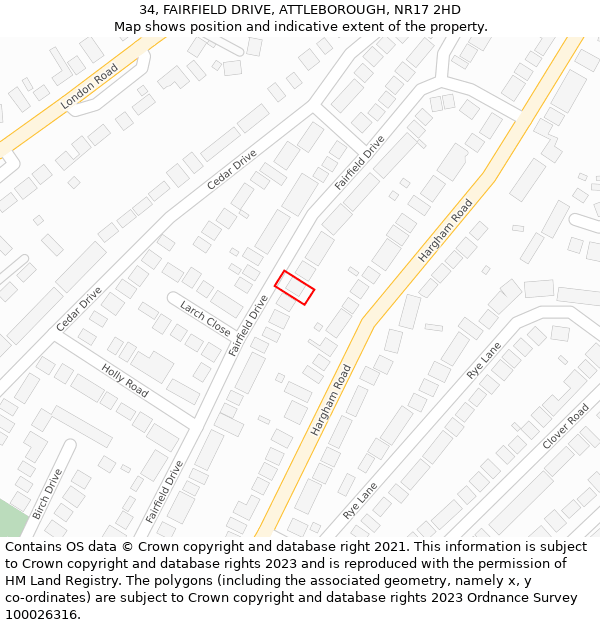 34, FAIRFIELD DRIVE, ATTLEBOROUGH, NR17 2HD: Location map and indicative extent of plot