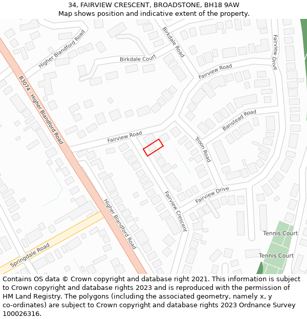 34, FAIRVIEW CRESCENT, BROADSTONE, BH18 9AW: Location map and indicative extent of plot
