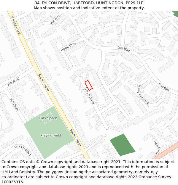 34, FALCON DRIVE, HARTFORD, HUNTINGDON, PE29 1LP: Location map and indicative extent of plot