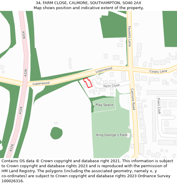 34, FARM CLOSE, CALMORE, SOUTHAMPTON, SO40 2AX: Location map and indicative extent of plot