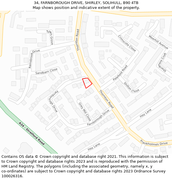 34, FARNBOROUGH DRIVE, SHIRLEY, SOLIHULL, B90 4TB: Location map and indicative extent of plot