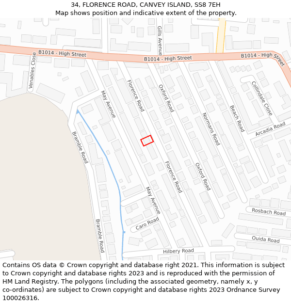 34, FLORENCE ROAD, CANVEY ISLAND, SS8 7EH: Location map and indicative extent of plot