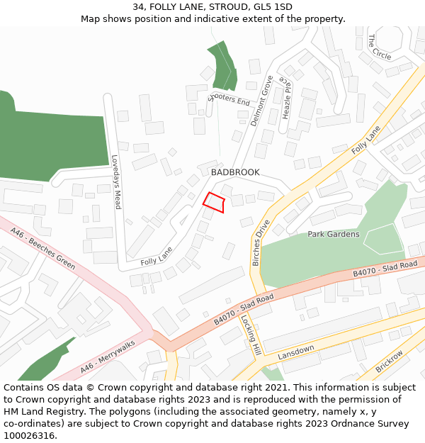 34, FOLLY LANE, STROUD, GL5 1SD: Location map and indicative extent of plot