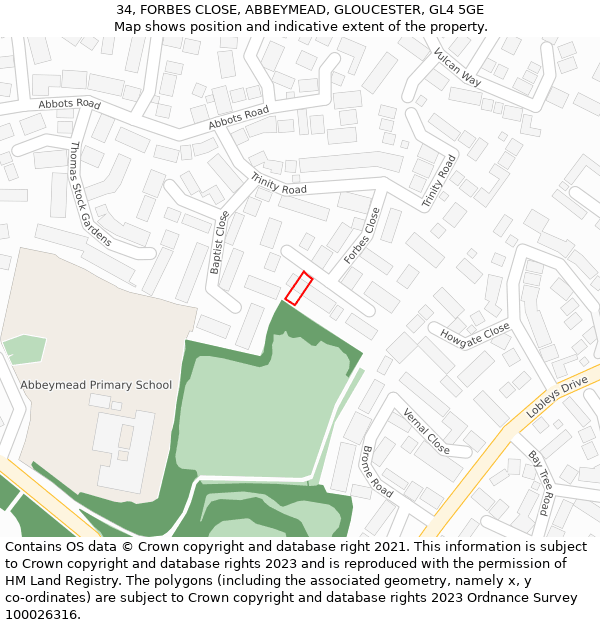 34, FORBES CLOSE, ABBEYMEAD, GLOUCESTER, GL4 5GE: Location map and indicative extent of plot