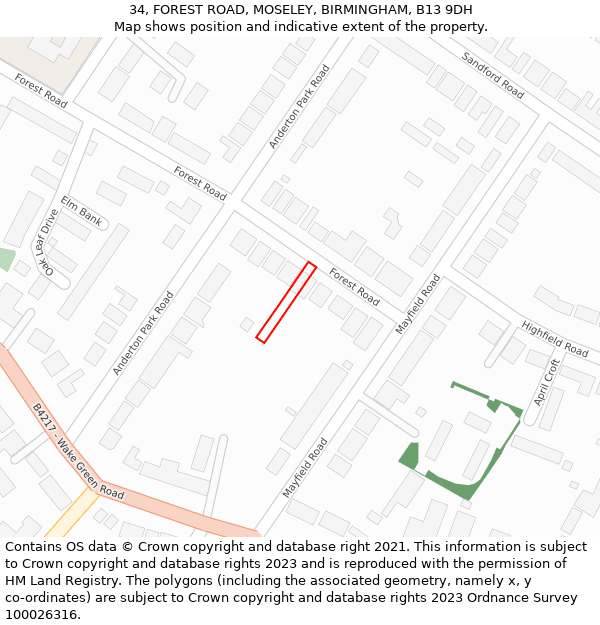 34, FOREST ROAD, MOSELEY, BIRMINGHAM, B13 9DH: Location map and indicative extent of plot