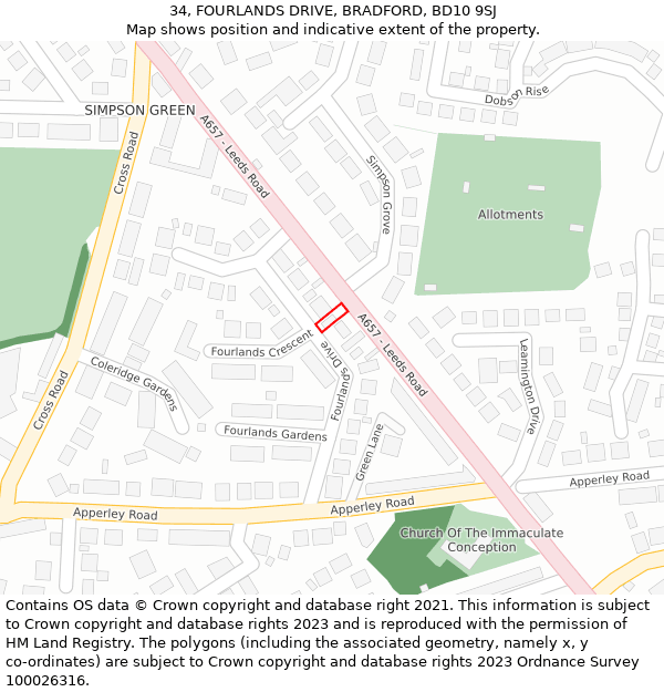 34, FOURLANDS DRIVE, BRADFORD, BD10 9SJ: Location map and indicative extent of plot