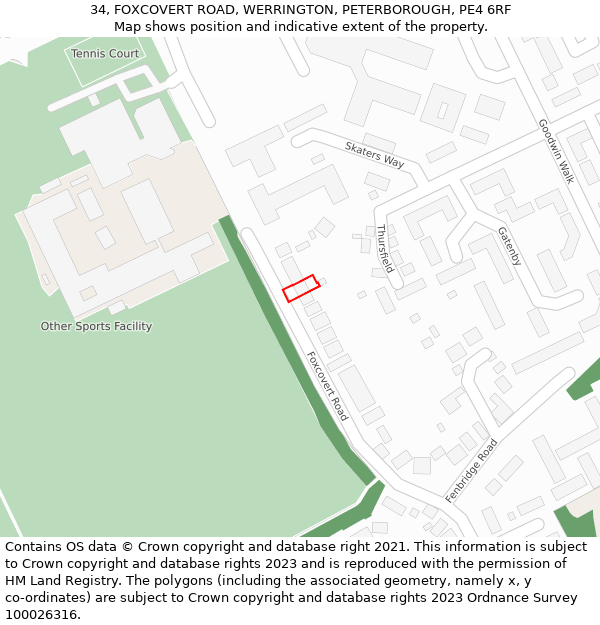 34, FOXCOVERT ROAD, WERRINGTON, PETERBOROUGH, PE4 6RF: Location map and indicative extent of plot